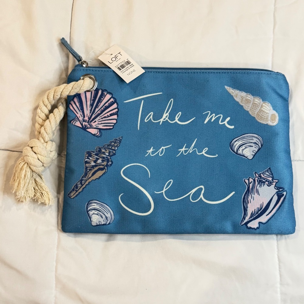 Loft Outlet Blue Take Me To The Sea Seashell‎ Canvas Pouch Clutch Rope Tassel